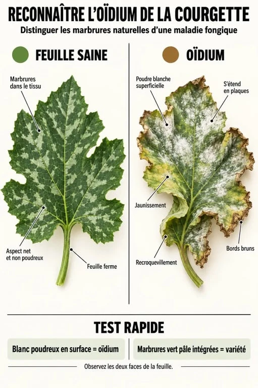 Infographie pour reconnaître l’oïdium sur une feuille de courgette et distinguer les symptômes des marbrures variétales