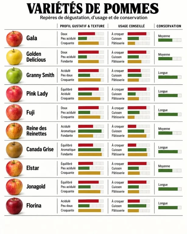 Infographie sur toute les variétés de pommes et leurs usages, goûts, textures et conservation