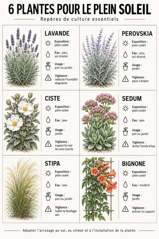 Infographie des plantes soleil adaptées au plein soleil pour pot, balcon et jardin