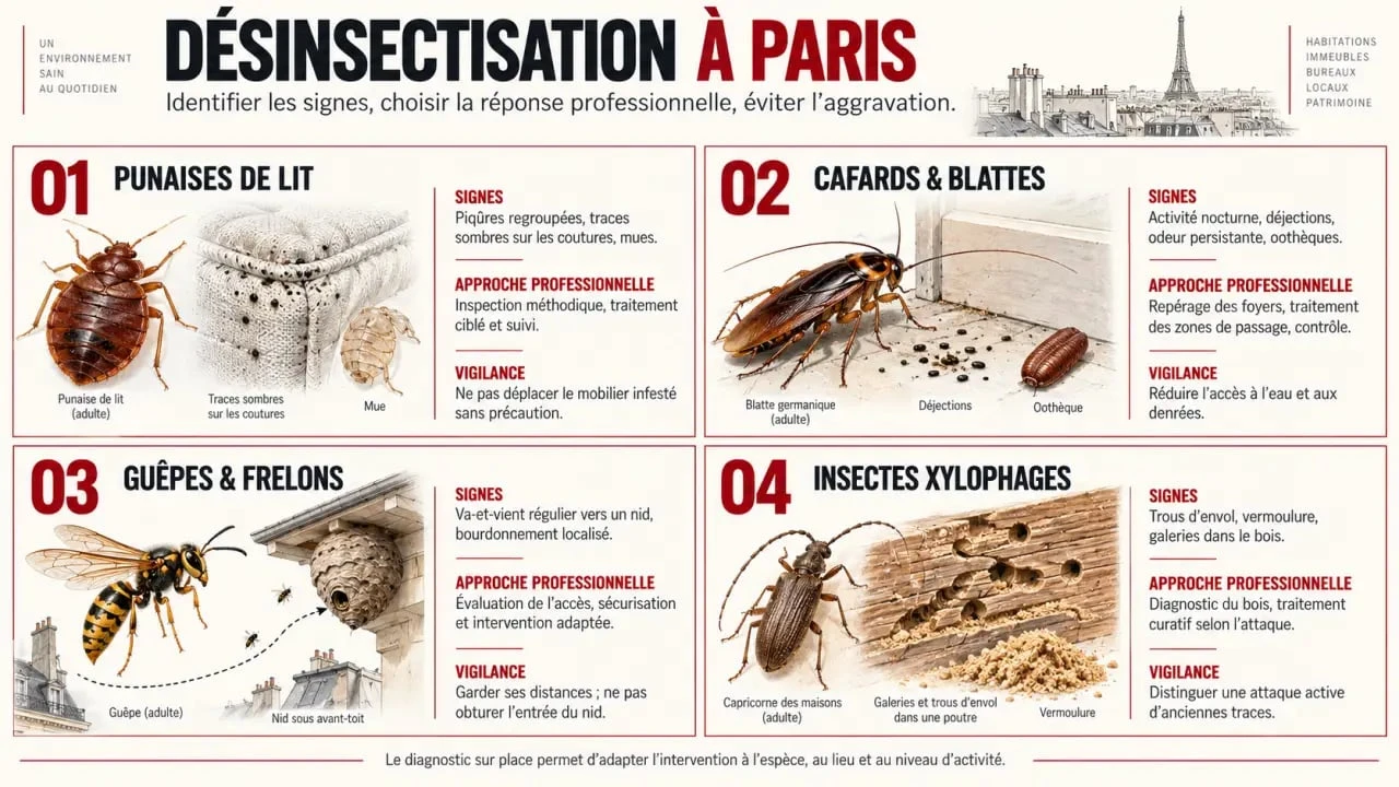Entreprise desinsectisation Paris : infographie des nuisibles, signes d’infestation et méthodes de traitement