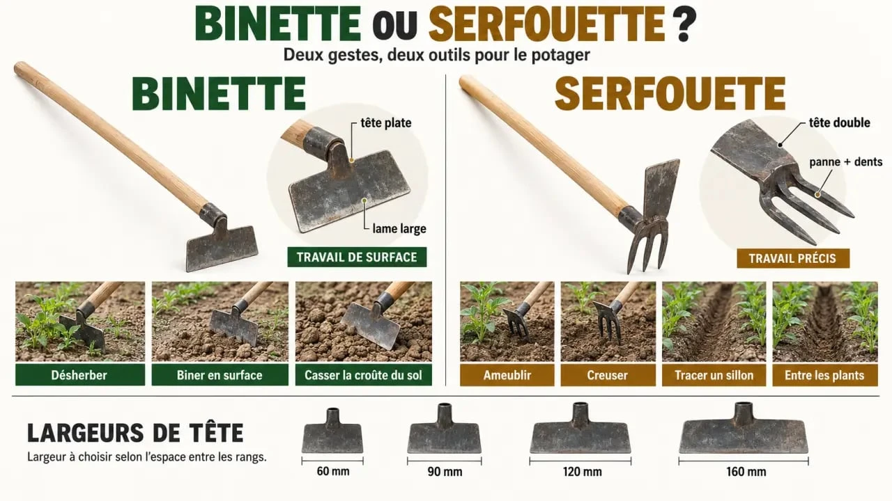 Serfouette ou binette : visuel comparatif des têtes, usages et largeurs au jardin
