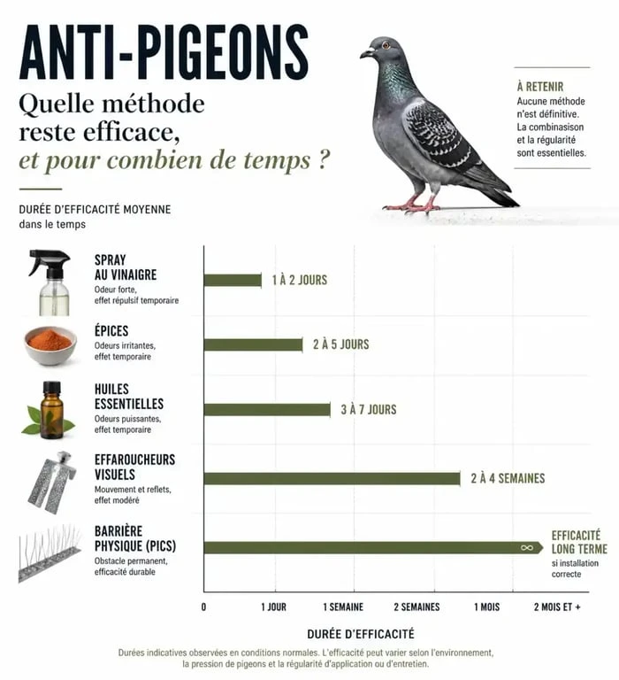 Comparatif de l'efficacité des recettes de grand mere pour faire fuir les pigeons dans le temps