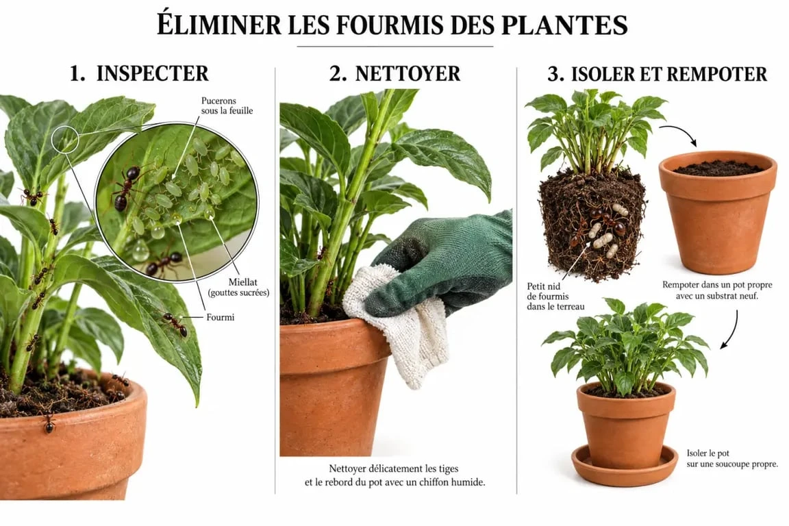 Illustration des étapes pour éliminer les fourmis dans les plantes en traitant les pucerons et en nettoyant le pot