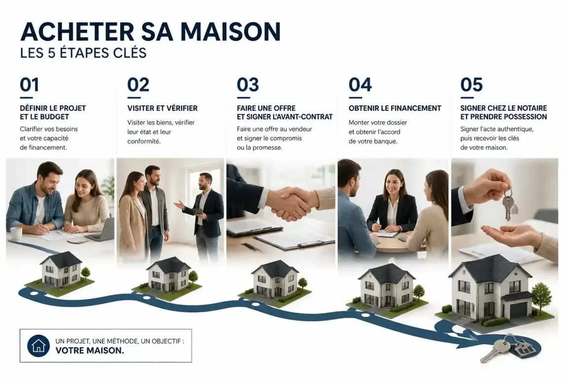 Infographie des étapes achat maison, du budget à la signature chez le notaire