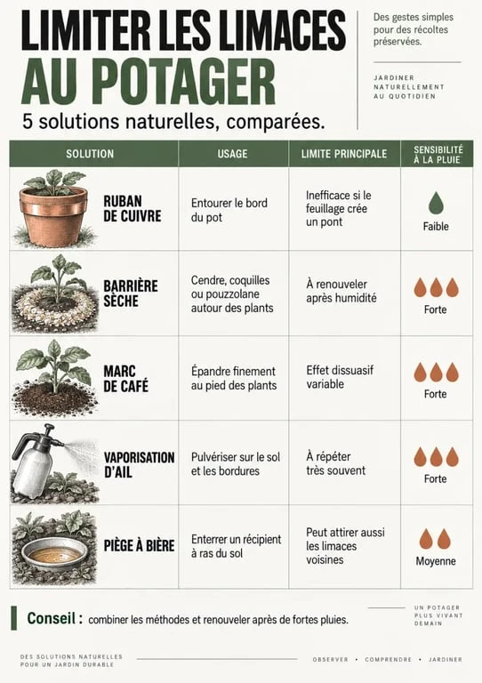 Comparatif visuel des solutions de répulsif naturel limace selon l’usage et la résistance à la pluie