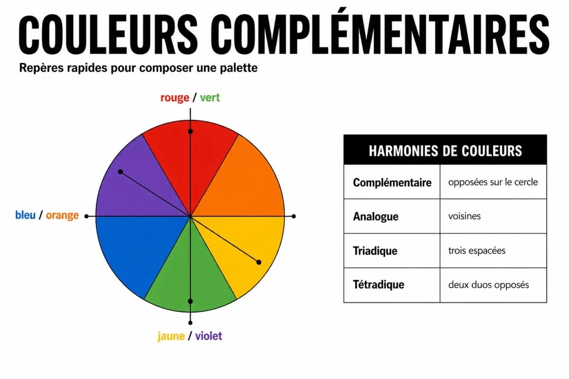 Complémentaire couleur : schéma éditorial du cercle chromatique montrant les paires opposées et les principales harmonies de couleurs