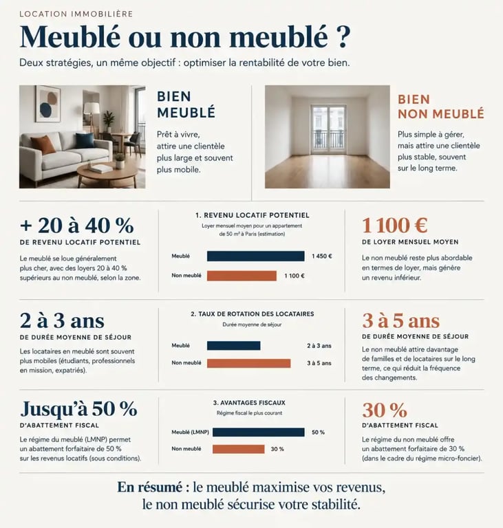 Comparatif de rentabilité locative entre location meublée et location nue pour un petit appartement rénové