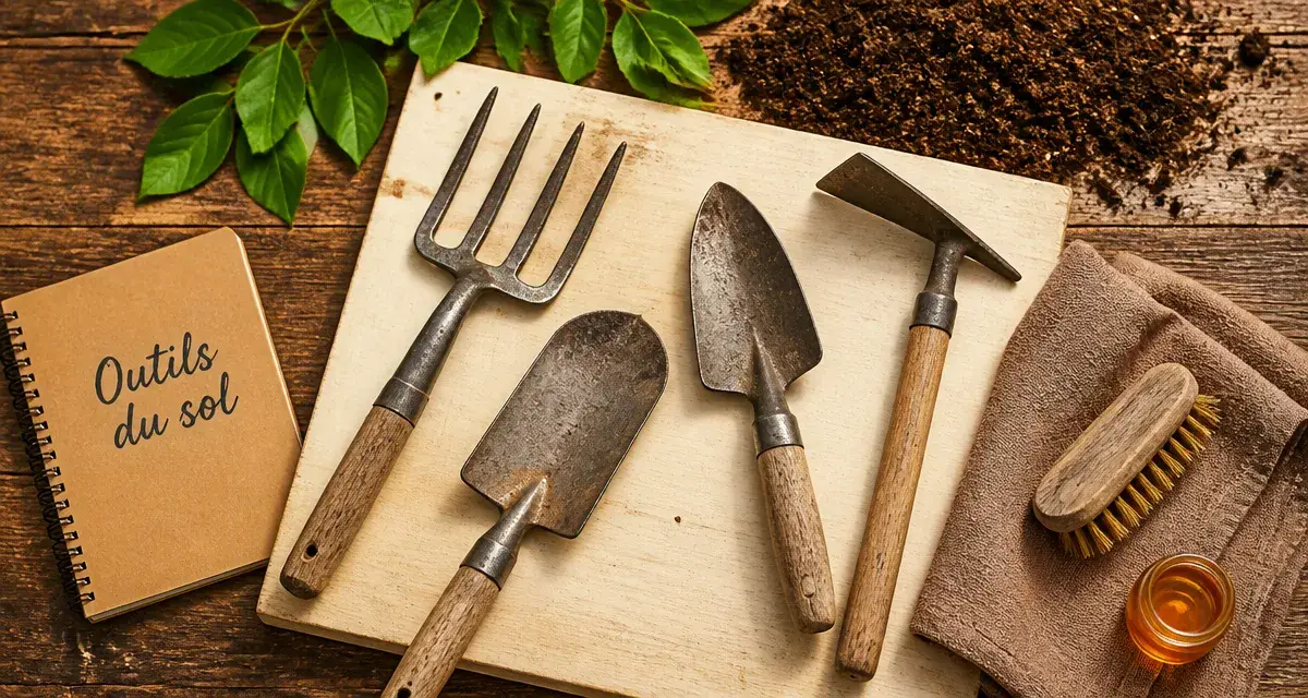 Outils du jardinier pour le potager : fourche-bêche, bêche, transplantoir, binette