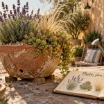 plante soleil en pot en terre cuite sur terrasse chaude