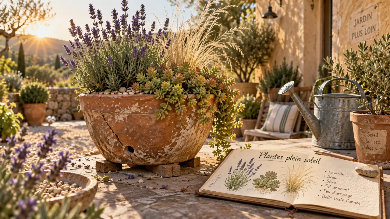 plante soleil en pot en terre cuite sur terrasse chaude