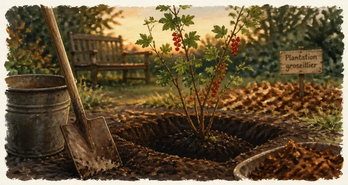 Planter groseiller : jeune plant au trou de plantation