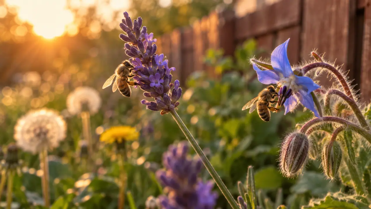 Plantes mellifères : abeilles sur lavande et bourrache au golden hour