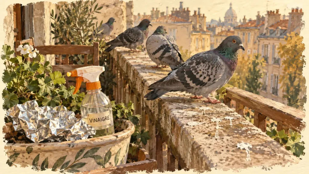 Recette de grand mere pour faire fuir les pigeons : vaporisateur de vinaigre sur un balcon