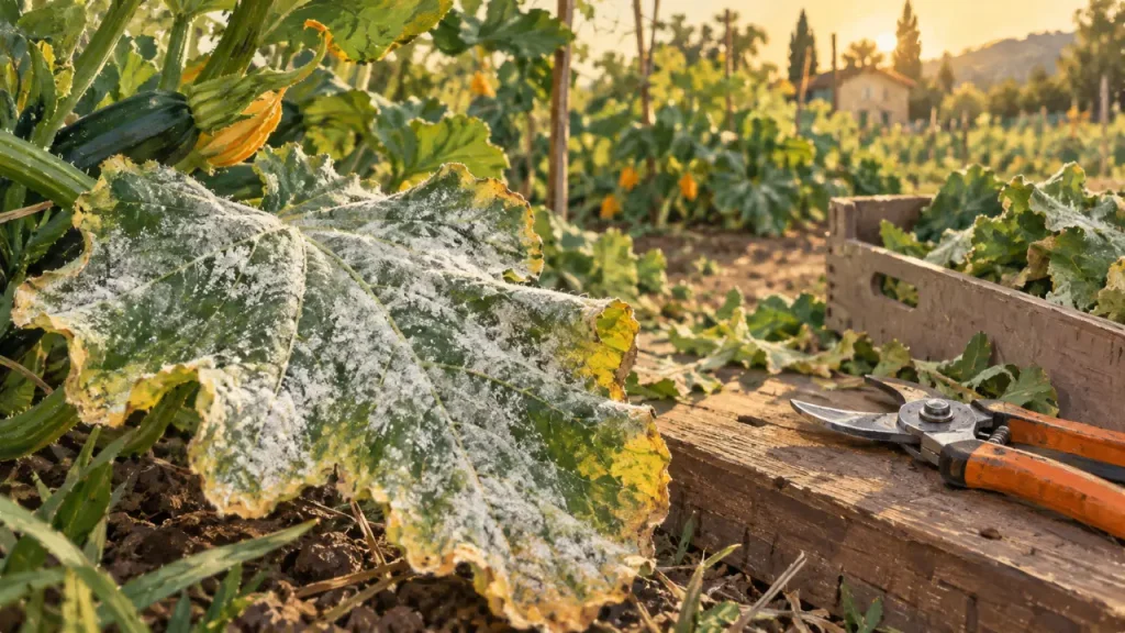 Traitement oidium courgette : feuille de courgette blanchie par l’oïdium
