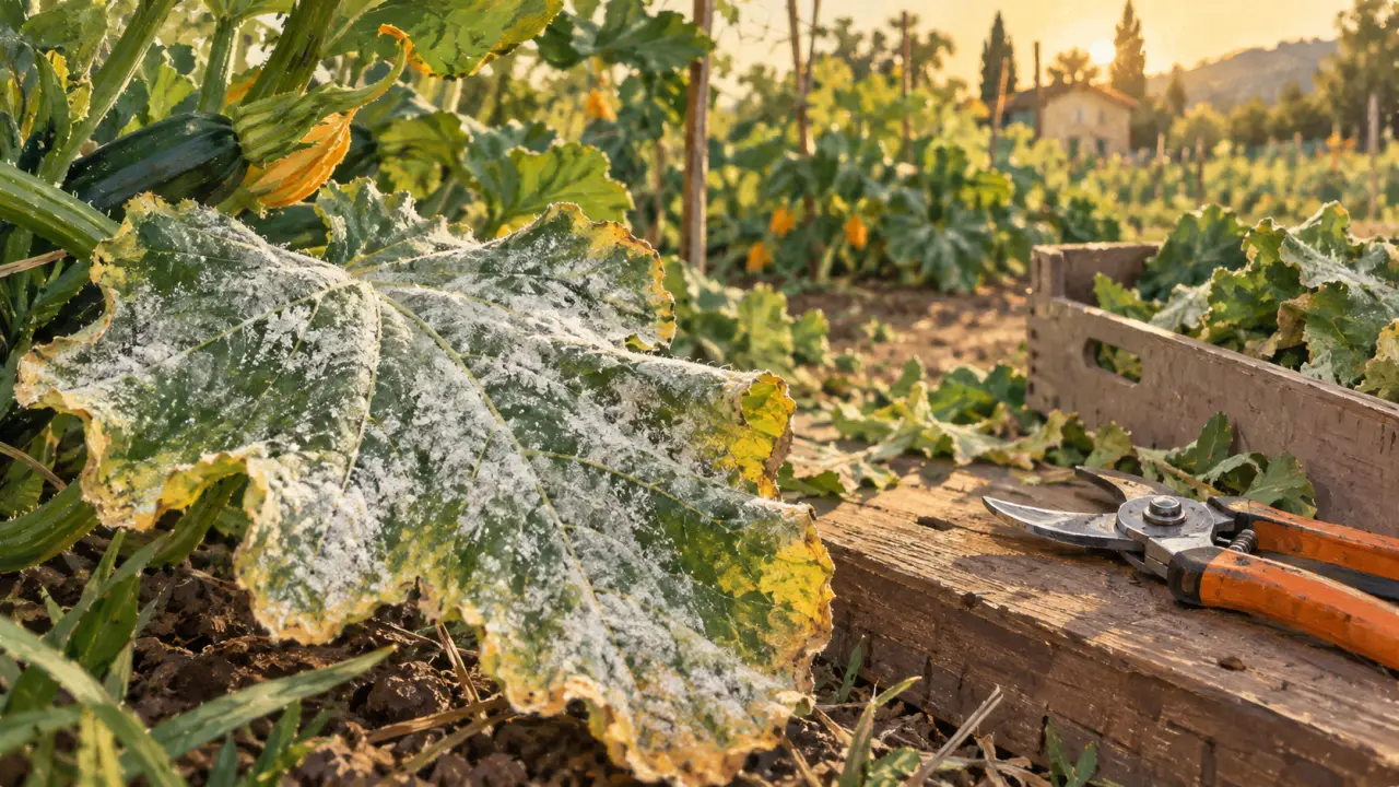Traitement oidium courgette : feuille de courgette blanchie par l’oïdium